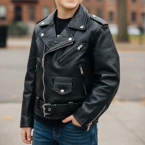 Boys Black Leather Biker Jacket